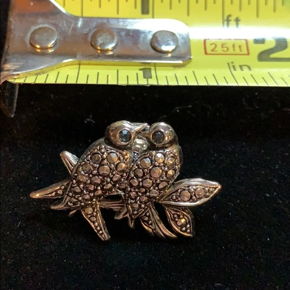 Vintage Lovebirds Pin- Silver w/ Blue Crystal Eyes